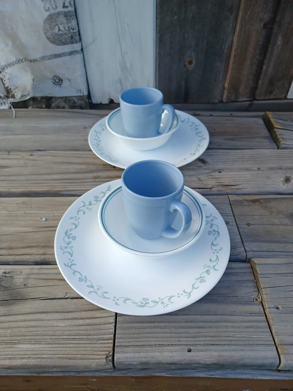 Corelle 2-Place Blue & White Dinnerware with Green Floral Trim